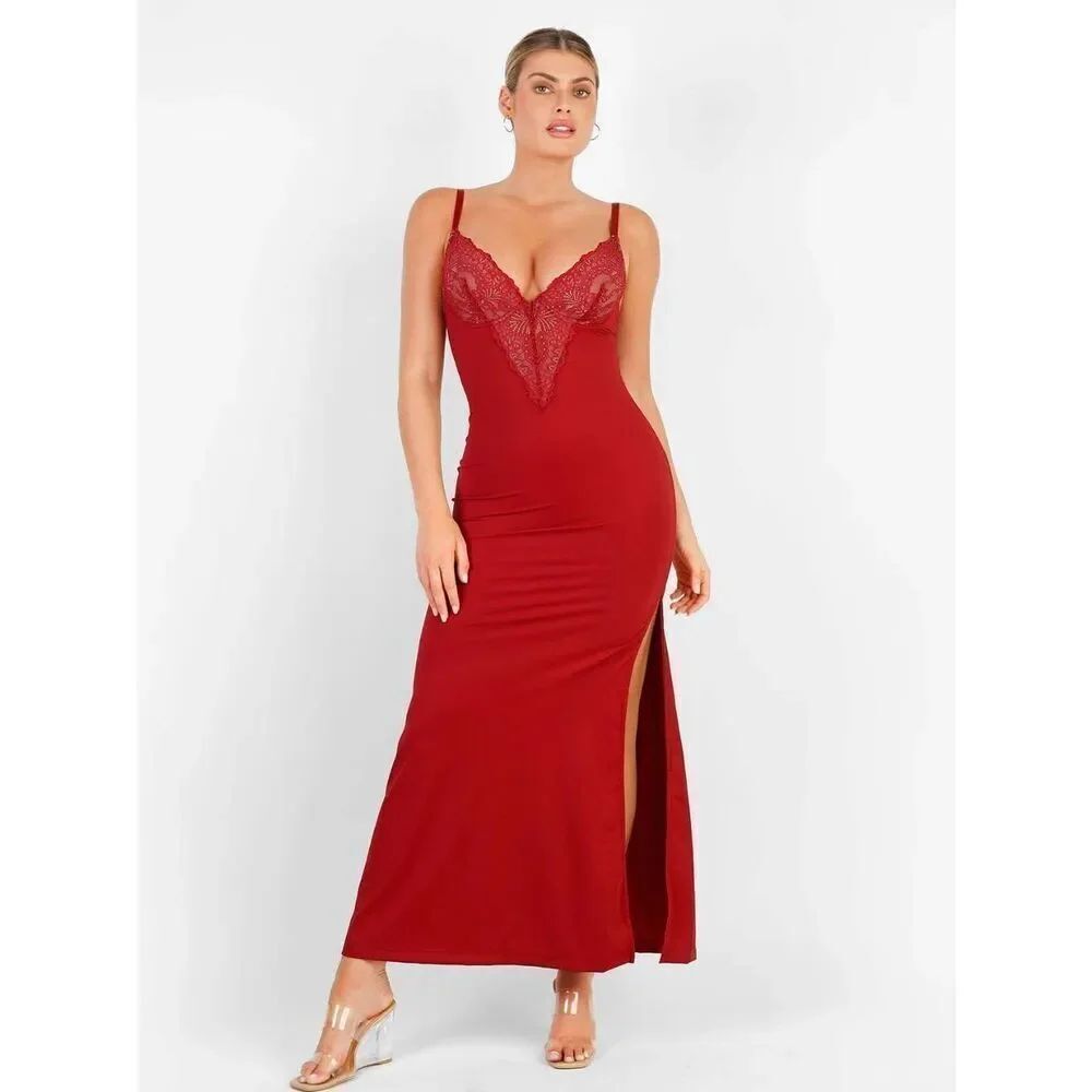 Popilush Shapewear Lace V Neck Side Slit Slimming Maxi Slip Dress